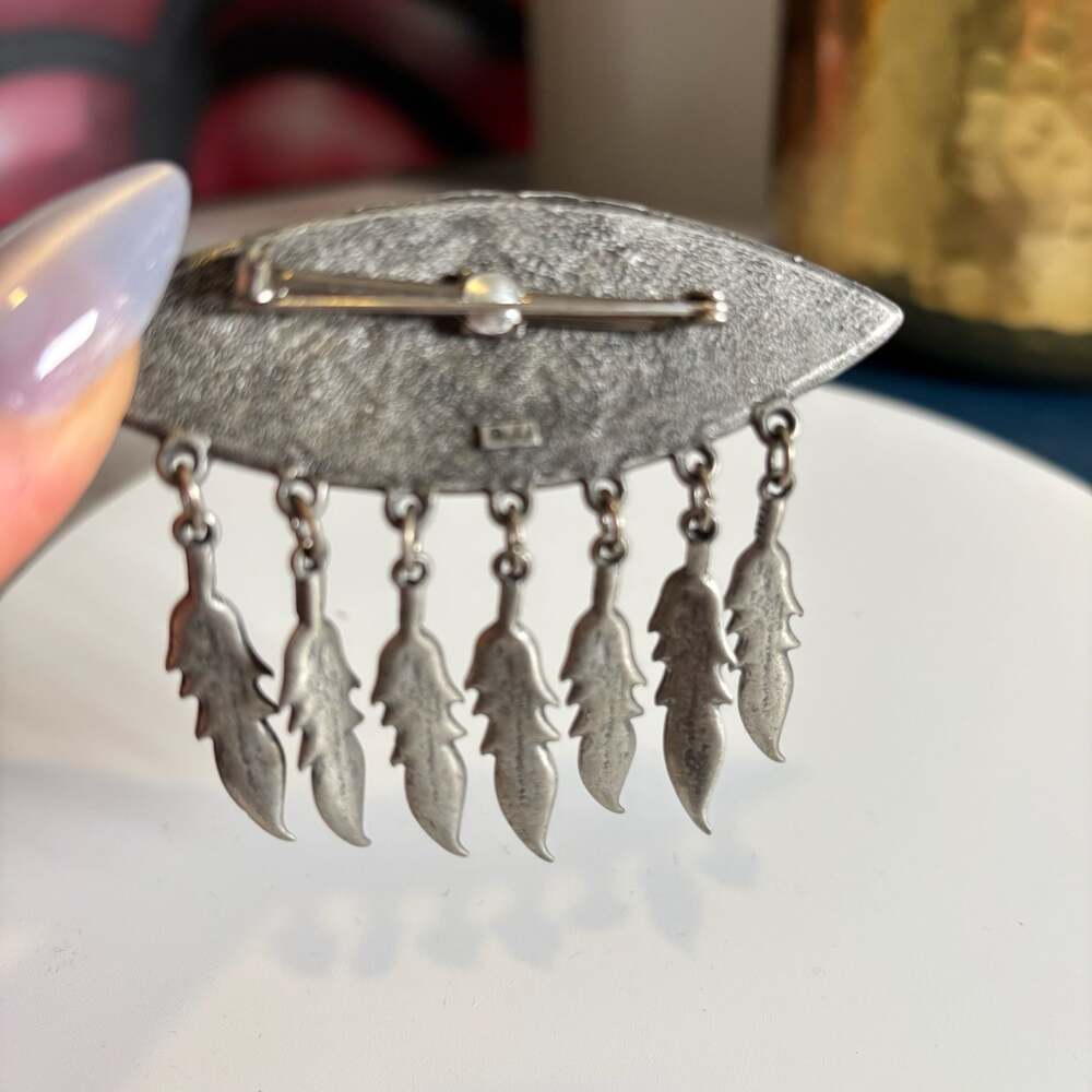 JJ Jonette Jewelry Southwestern Style Turquoise Feather Dangle Brooch Pewter Pin - Picture 5 of 11